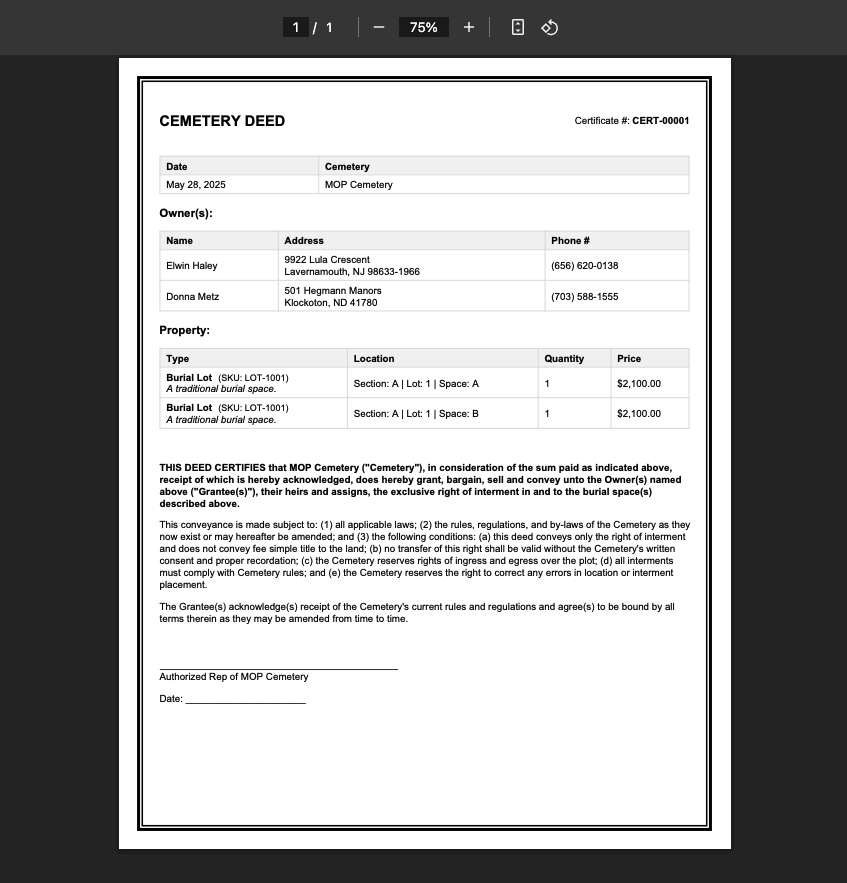 cemetery deed software example